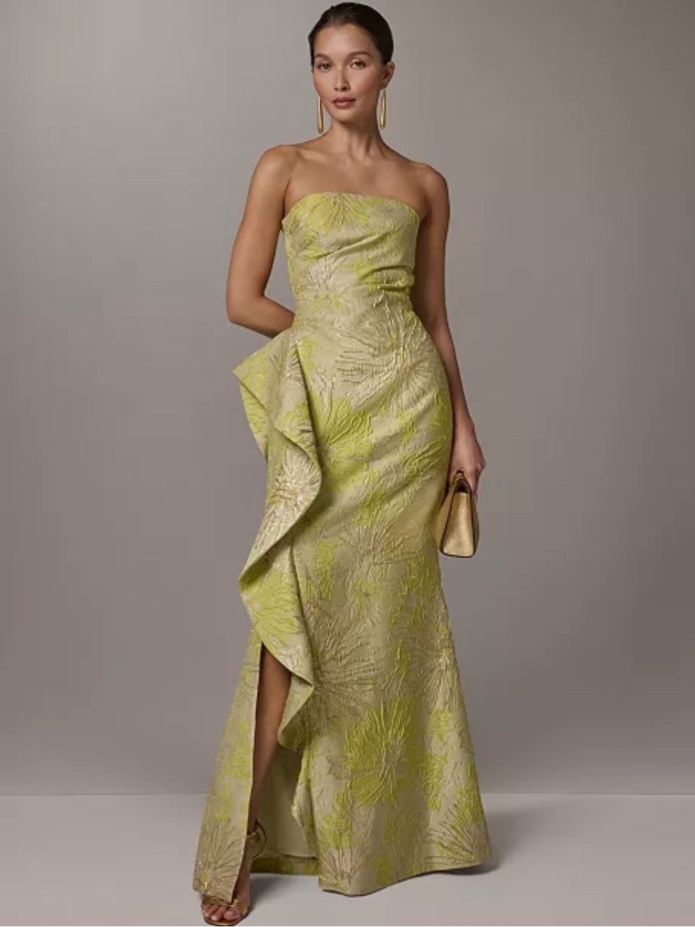 Strapless Lime Brocade Evening Gown